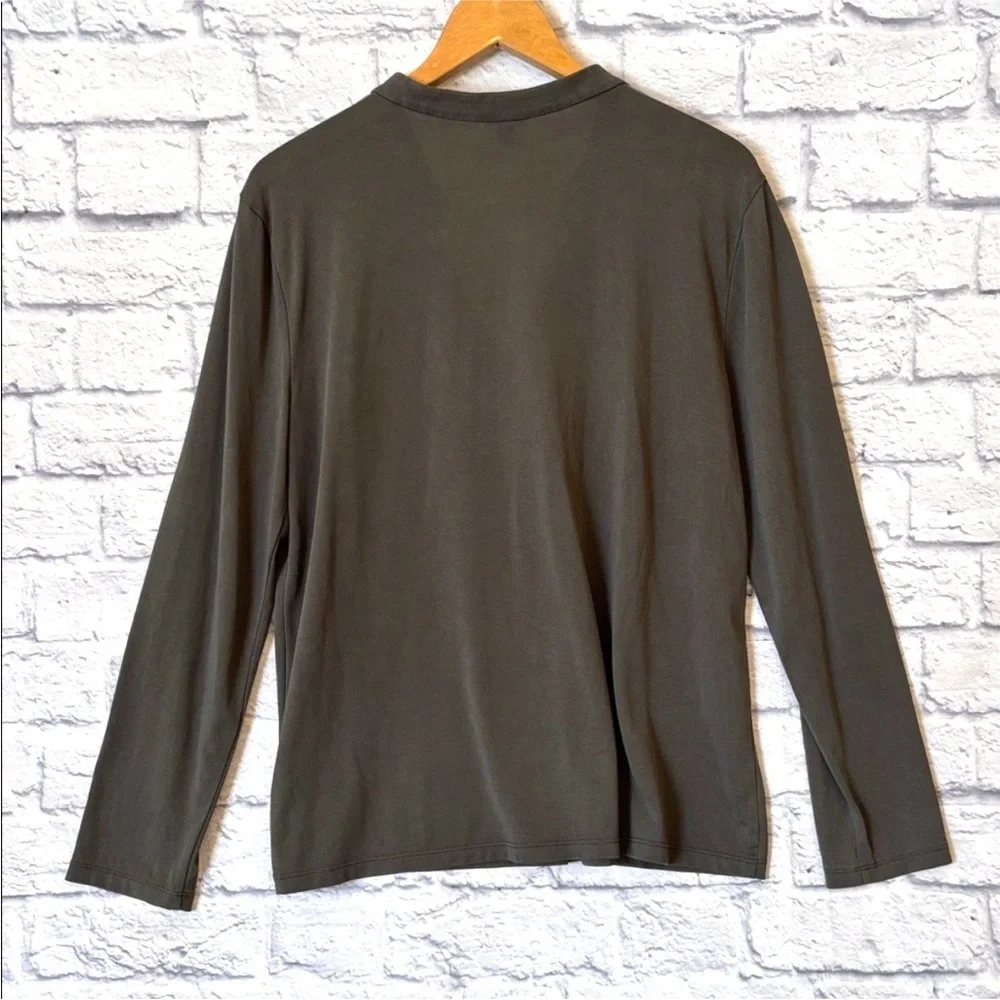 A New Day Long Sleeve Blouse Top Neutral Olive Green V Neck Soft Size Large